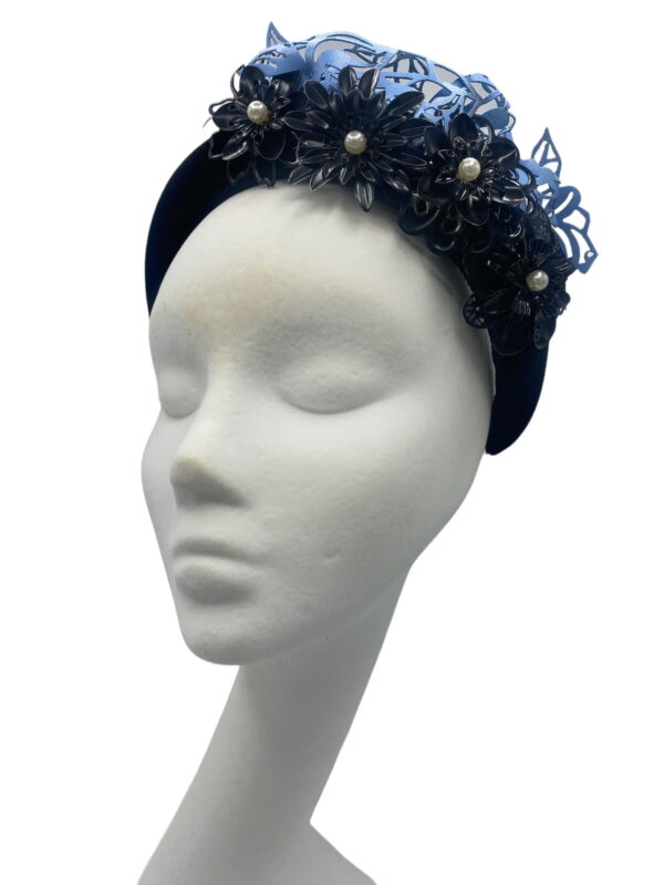 Black velvet headband crown with stunning baby blue laser cut detail.